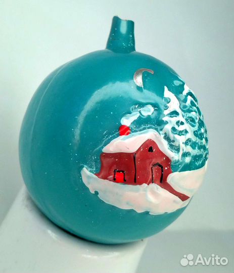 Ёлочная игрушка шар рельеф домик в лесу СССР