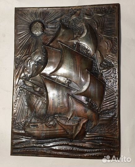 Чеканка медная панно 40х29 см картина СССР Корабль
