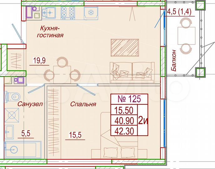 1-к. квартира, 42,3 м², 1/6 эт.