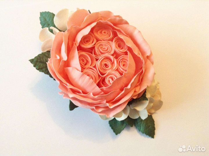 Заколка- зажим Пионовидная Роза с гортензиями