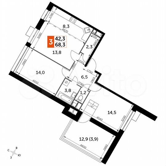 3-к. квартира, 68,3 м², 10/12 эт.