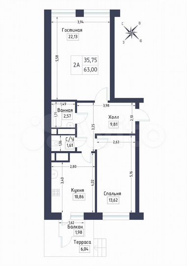 2-к. квартира, 63 м², 1/9 эт.