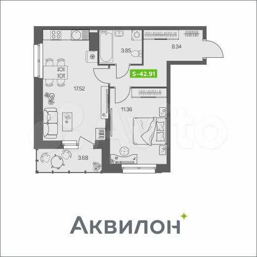 1-к. квартира, 42,9 м², 3/8 эт.