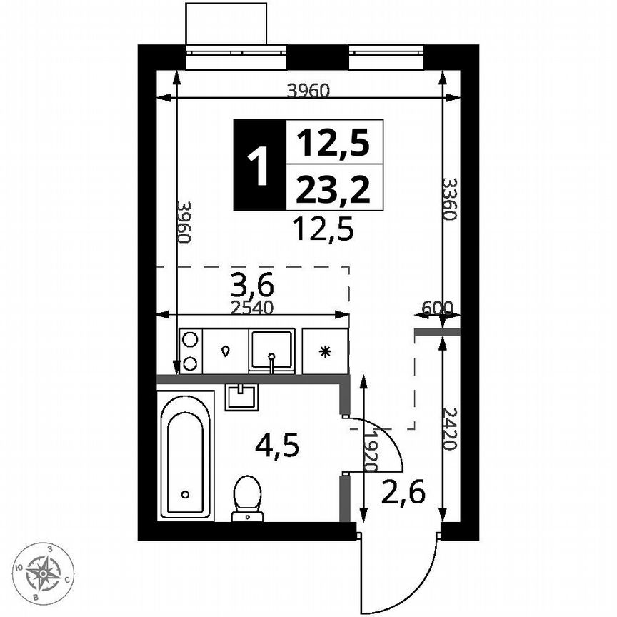 Квартира-студия, 23,2 м², 13/16 эт.