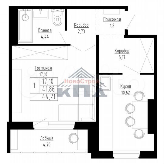 1-к. квартира, 44 м², 5/15 эт.