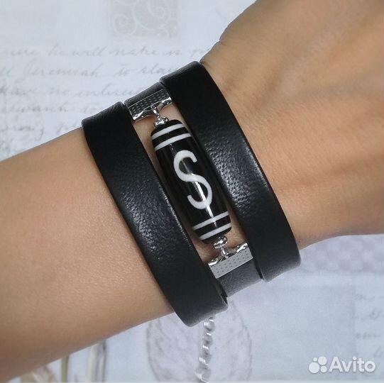 Браслет с агатом Дзи денежный крючок кожаный