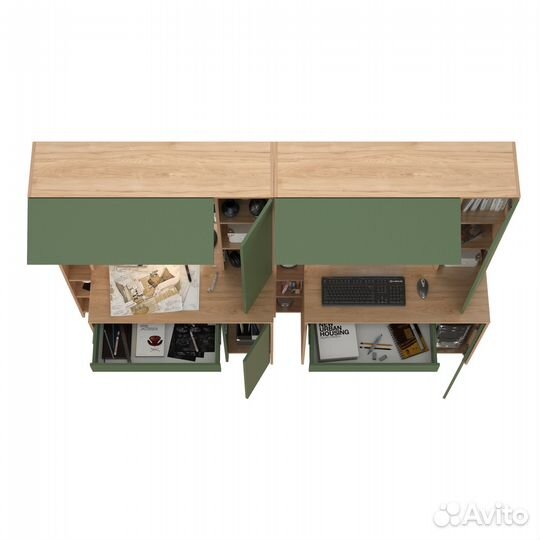 Два больших компьютерных стола Mobi Комфорт 12.71 цвет гикори рокфорд/дымчатый зелёный