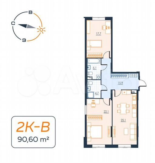 2-к. квартира, 90,5 м², 10/17 эт.