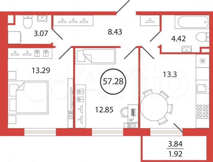 2-к. квартира, 57,3 м², 10/12 эт.