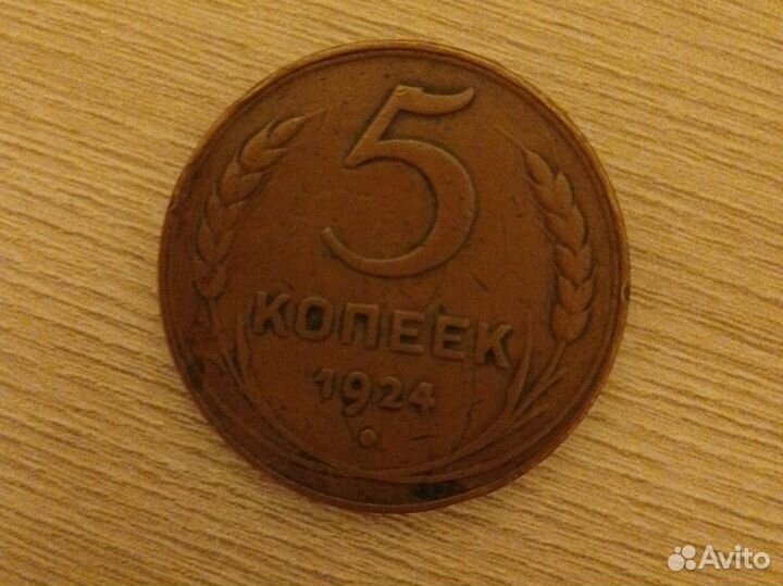 Медная монета 5 копеек 1924г