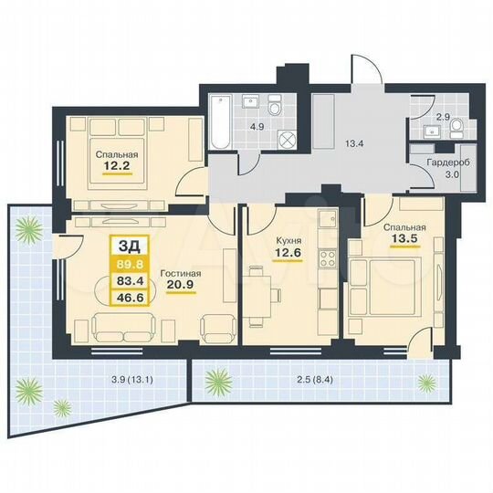 3-к. квартира, 89,8 м², 21/25 эт.