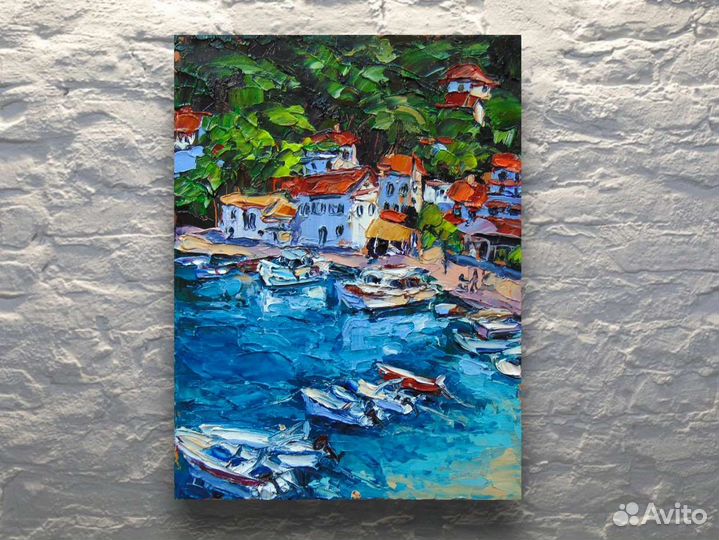 Картина маслом море Черногория лодки дома импасто
