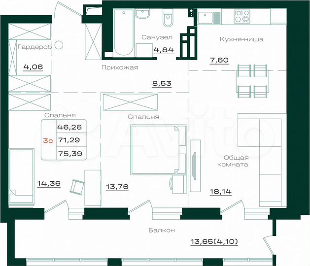 3-к. квартира, 75,4 м², 7/18 эт.