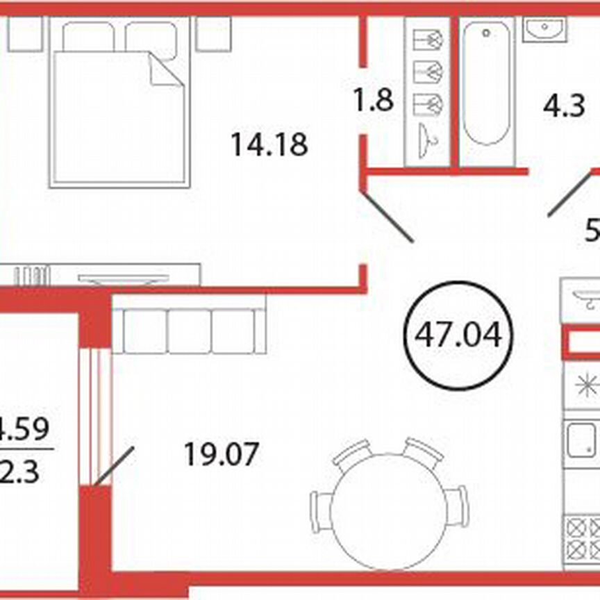 1-к. квартира, 47 м², 5/12 эт.