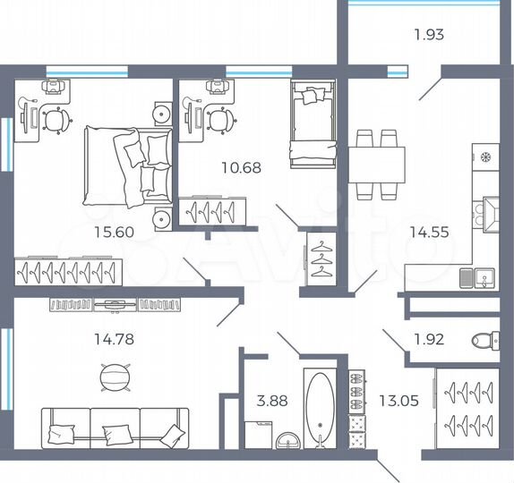 3-к. квартира, 76,4 м², 12/16 эт.