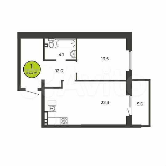 1-к. квартира, 54,3 м², 2/9 эт.