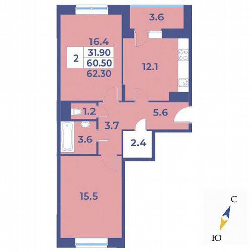 2-к. квартира, 62,3 м², 5/7 эт.