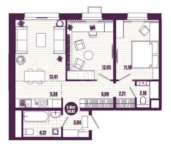 2-к. квартира, 59,8 м², 5/16 эт.