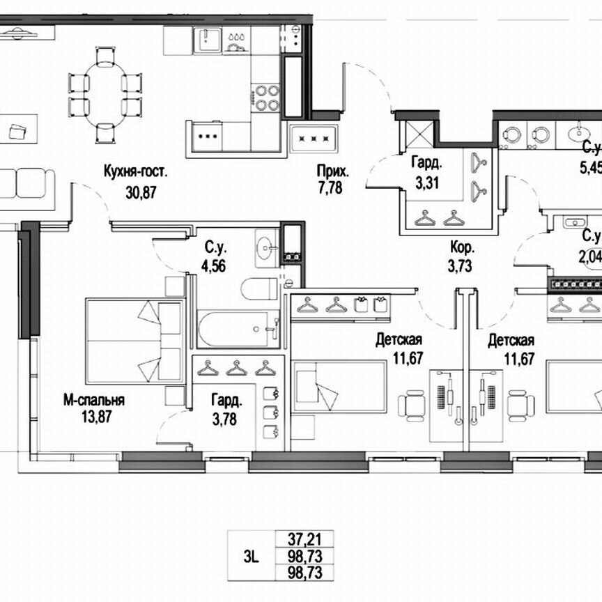 3-к. квартира, 98,7 м², 4/7 эт.