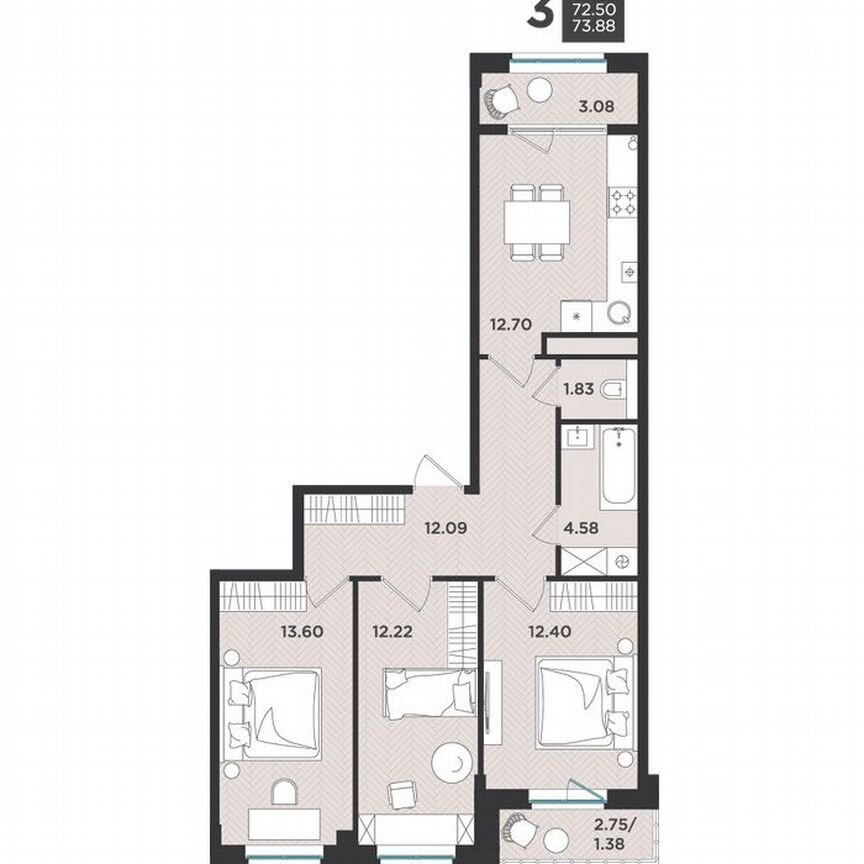 3-к. квартира, 73,9 м², 4/4 эт.