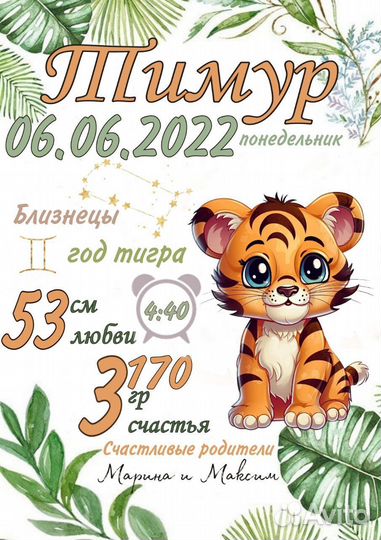 Метрика для новорожденных Семейный постер подарок