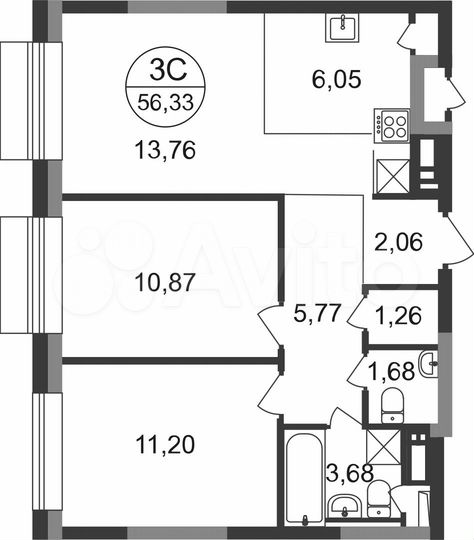 3-к. квартира, 56,3 м², 11/22 эт.