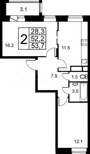2-к. квартира, 52,8 м², 4/9 эт.