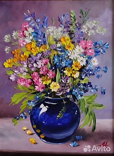 Картина маслом на холсте 52*42 букет в вазе