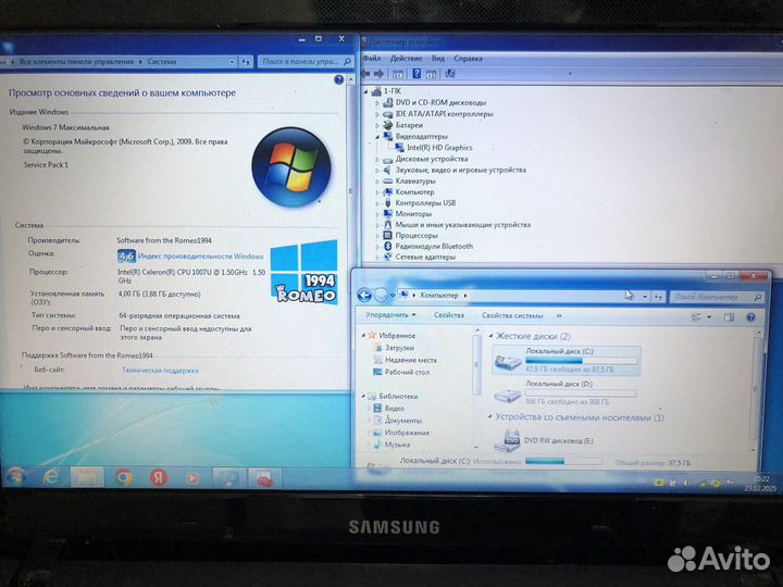 Ноутбук Samsung celeron 1007U/4gb/470gb/HD