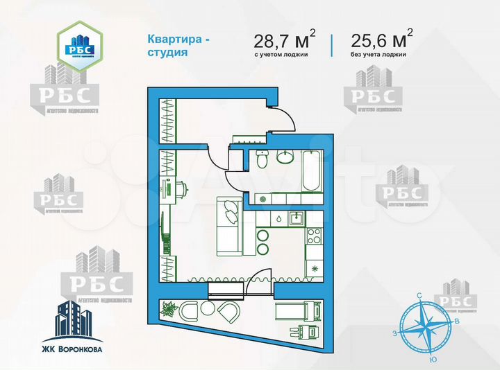 Квартира-студия, 28,7 м², 2/16 эт.