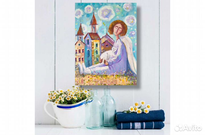 Картина Ангел и Кот город маслом 40х30 на заказ