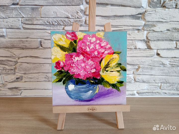 Букет цветов в вазе картина маслом 20 х 20 см