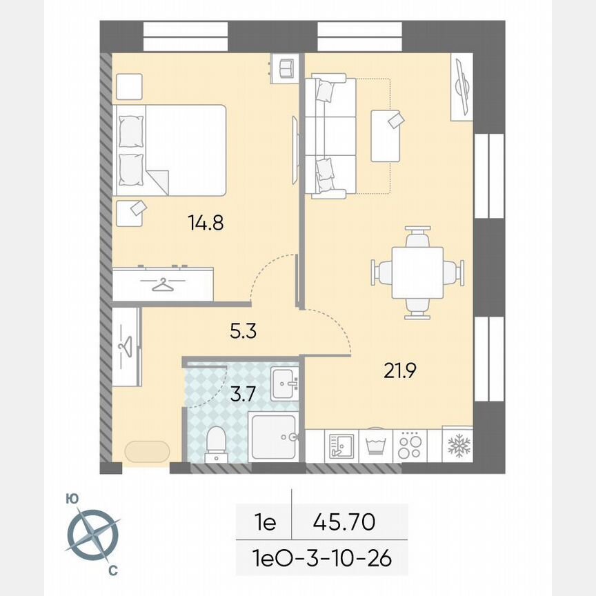 1-к. квартира, 45,7 м², 21/28 эт.