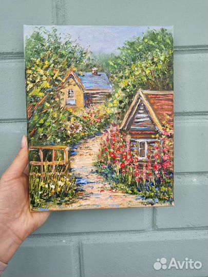 Картина маслом пейзаж домик цветы на холсте