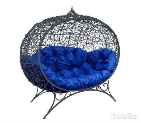 Кокон Улей ротанг на подставке (серое с синей поду