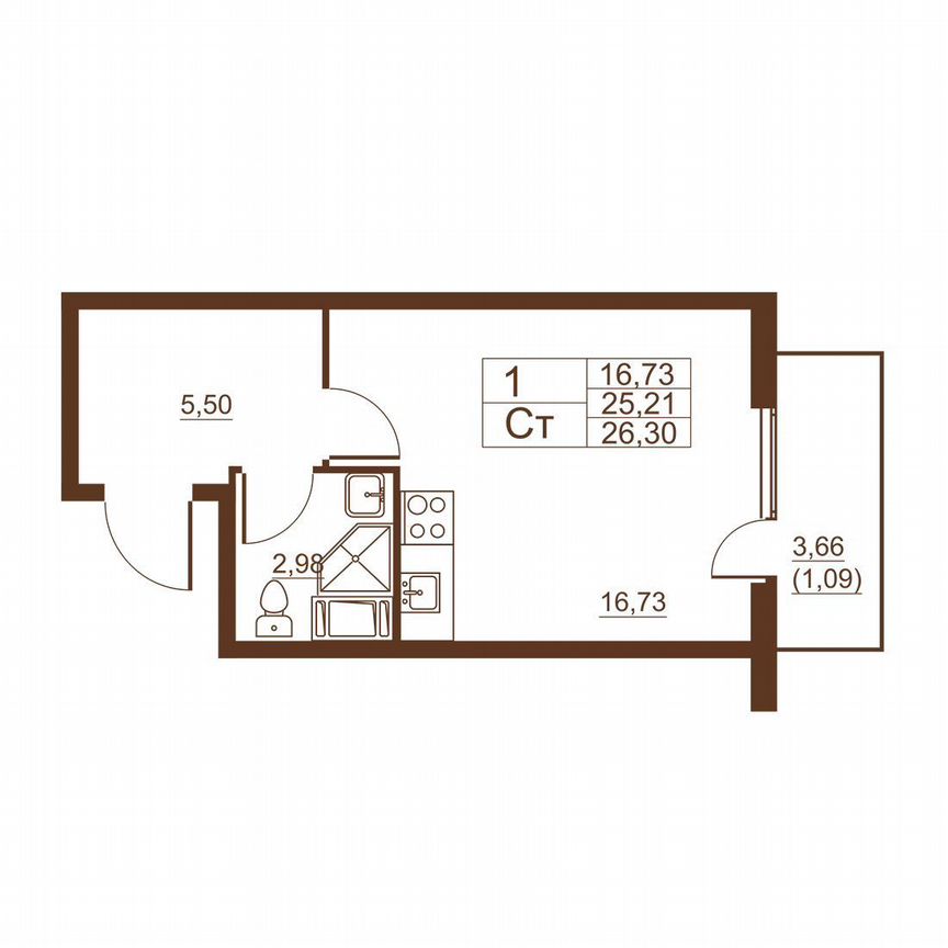 Квартира-студия, 25,2 м², 11/11 эт.