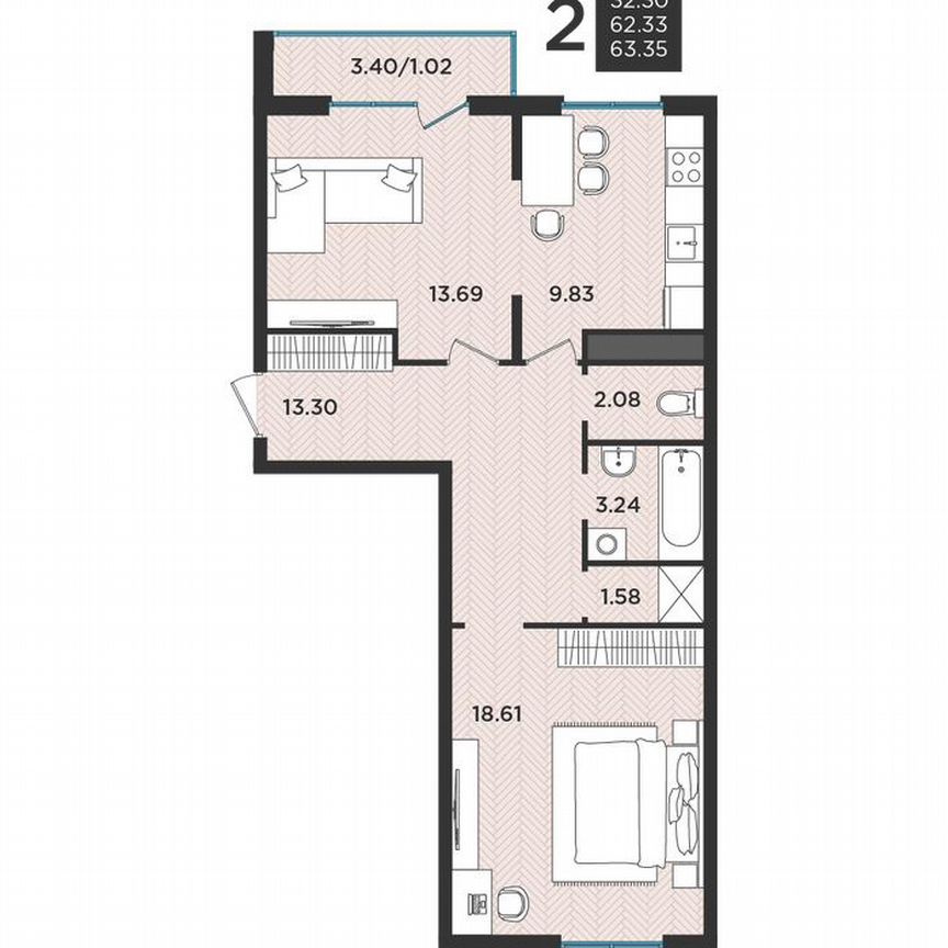 2-к. квартира, 62,9 м², 1/3 эт.