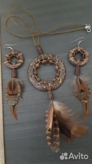Кулон и серьги с натуральными перьями. Этно