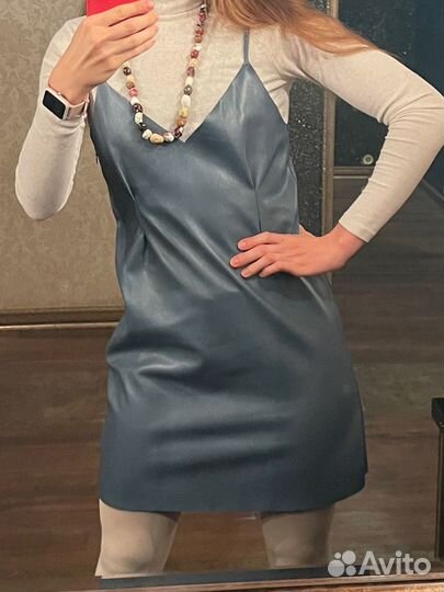 44 сарафан кожаный серо голубой мини