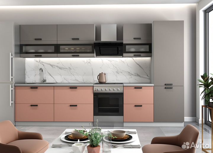 Кухня ройс цвет фасадов Грей Софт/Персик Софт