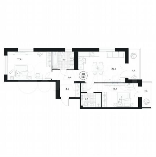 2-к. квартира, 78,7 м², 2/22 эт.