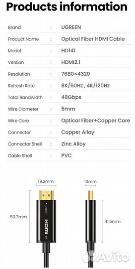 Кабель Ugreen hdmi 30м 8k, 12bit, 48Гбит/с оптика