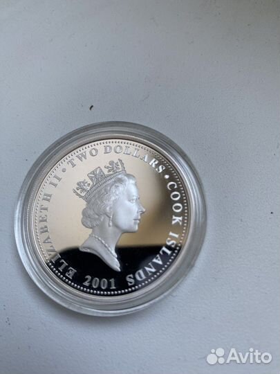 Монета серебро О Кука 2 долл 2001 г