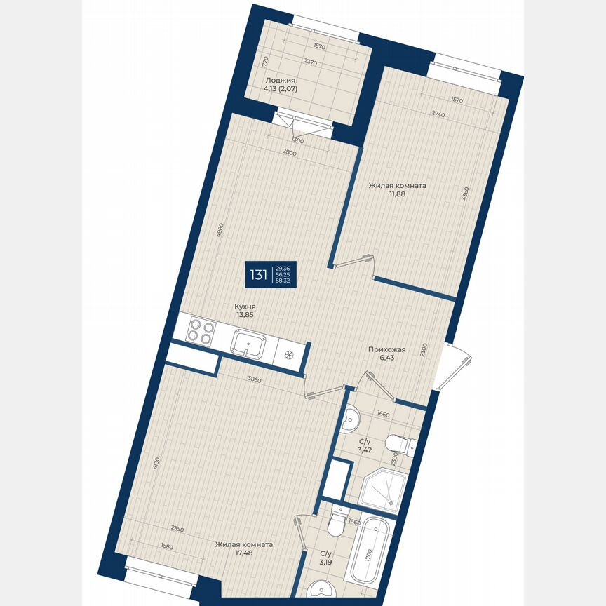 2-к. квартира, 58,3 м², 5/12 эт.