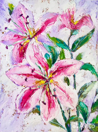 Картина в раме маслом Диптих цветы Лилии 40/60 см