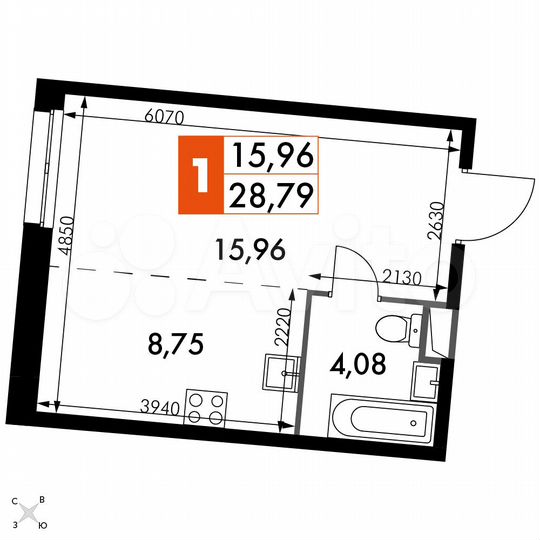 1-к. апартаменты, 28,8 м², 2/15 эт.