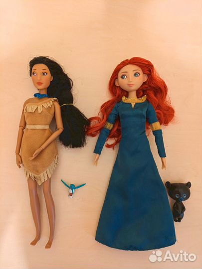 Куклы Мерида (с медведем) и Пакахонтас (с птичкой)