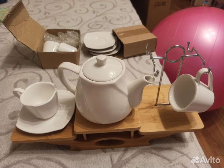 Сервиз для кофе на бамбуковой подставке, на 4