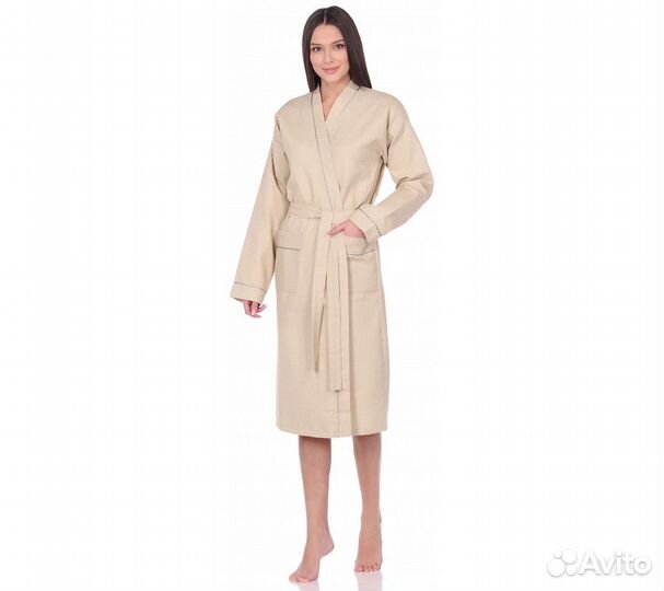 Халат вафельный Home One с кантом бежевый 54