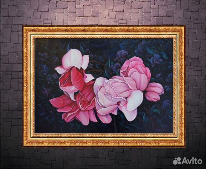 Королевские магнолии в ночном саду. Картина, масло